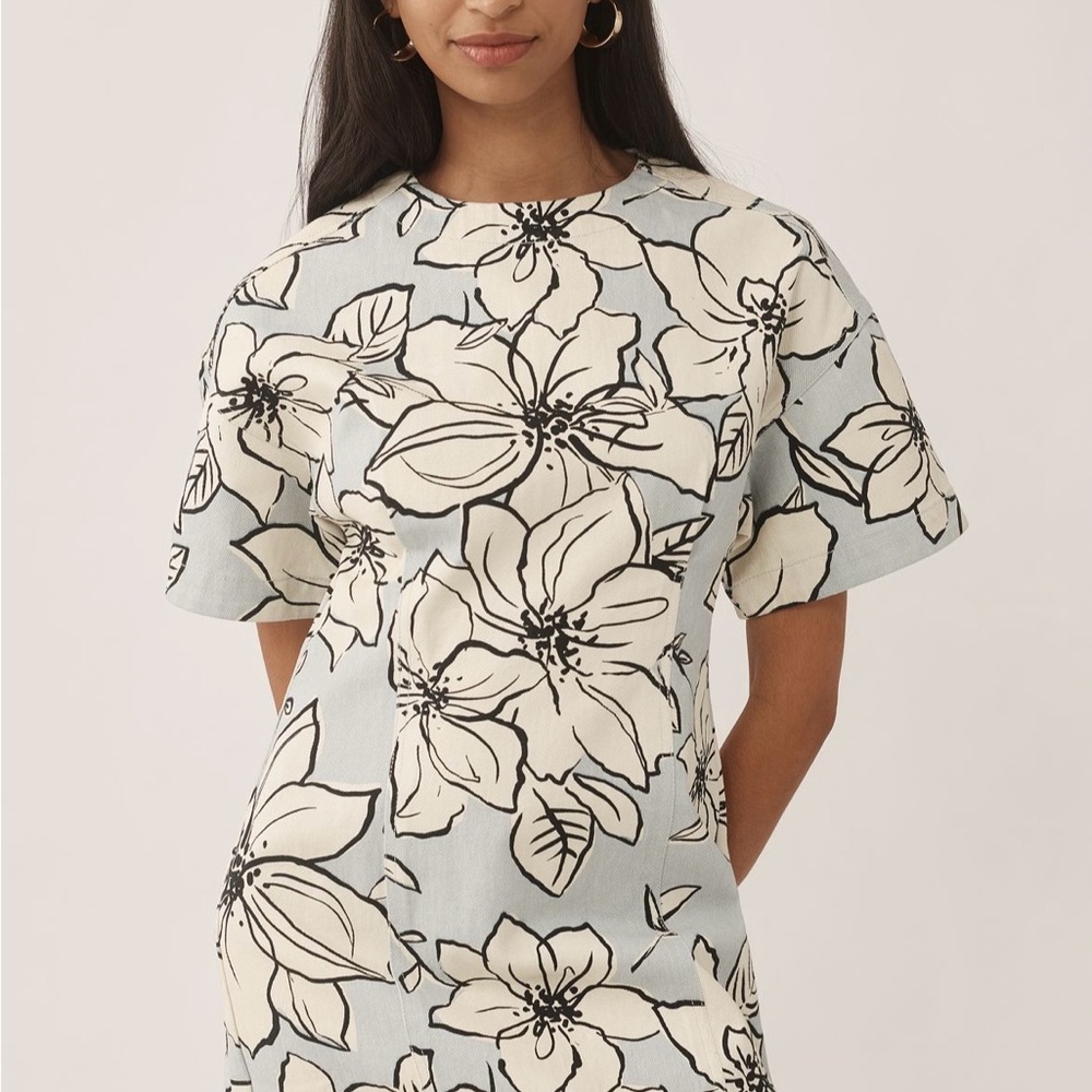 Anthropologie Blue and Cream Floral Denim mini Dress